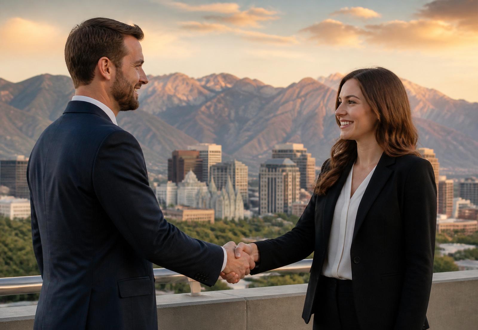 Handshake with Salt Lake City skyline in the background