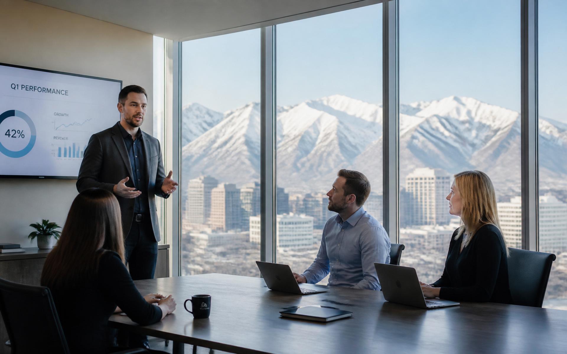 Kings Peak Marketing team meeting with a view of the Wasatch mountains